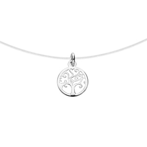 Collier en argent rhodié fil nylon et pendentif petit arbre de vie 37cm