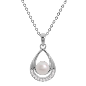 Collier en argent rhodié chaîne avec pendentif perle de culture d'eau douce blanche dans goutte et o