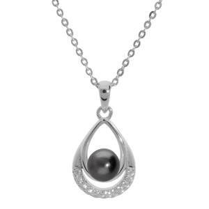 Collier en argent rhodié chaîne avec pendentif goutte et Perle de culture de Tahiti véritable et oxy