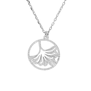 Collier en argent rhodié chaîne avec pendentif anneau ajourée 15mm et motif feuille 40+5cm