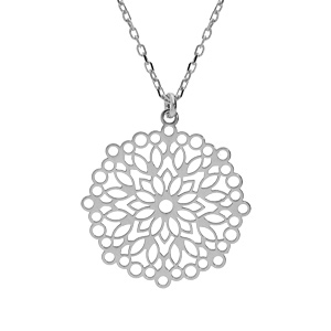 Collier en argent rhodié chaîne avec pendentif mandala ajouré 23mm 40+5cm