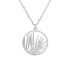 Collier en argent rhodié chaîne avec pendentif anneau ajourée 15mm motif feuillage 40+5cm