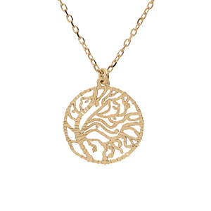 Collier en argent et dorure jaune chaîne avec pendentif anneau ajourée 23mm motif végétal 40+5cm