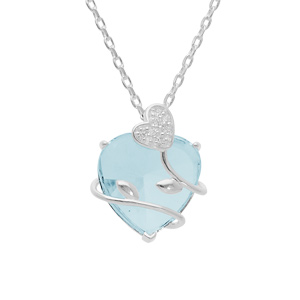 Collier en argent platiné chaîne avec pendentif coeur oxyde bleu ciel et arabesque d'argent 42+3cm