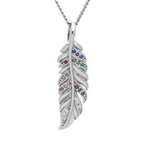 Collier en argent rhodié chaîne avec pendentif plume et oxydes multi couleurs 42+36cm