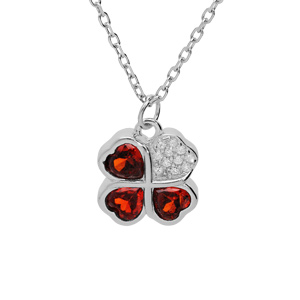 Collier en argent rhodié chaîne avec pendentif trèfle d’oxydes rouges et coeur 39+2+2cm