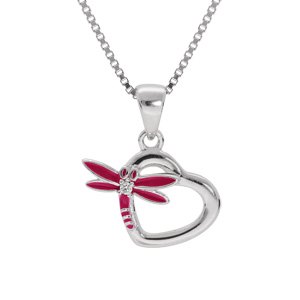 Collier en argent rhodié chaîne avec pendentif coeur et libellule couleur rose longueur 36+2cm