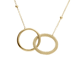 Collier argent doré chaîne boules 2 anneaux entrelacés 1 lisse et 1 cercle perlé réglable 42 à 45cm