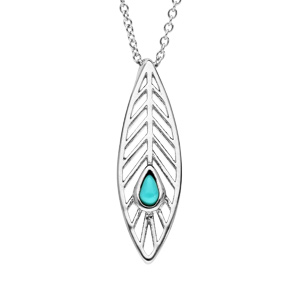 Collier en argent rhodié chaîne avec pendentif plume avec pierre couleur turquoise 40+4cm