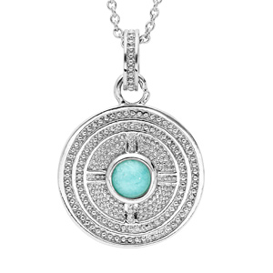 Collier en argent rhodié chaîne avec pendentif rond motif géometrique et Amazonite véritable 40+4cm