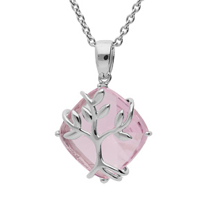 Collier en argent platiné chaîne avec pendentif oxyde rose motif arbre de vie 42+3cm