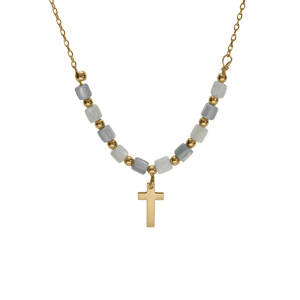 Collier argent doré croix avec perles nacre véritable blanche et teintée bleu réglable 40 à 45cm
