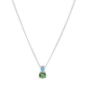 Collier en argent rhodié chaîne avec pendentif 2 oxydes sertis 3 et 5mm bleu et vert 42+3cm