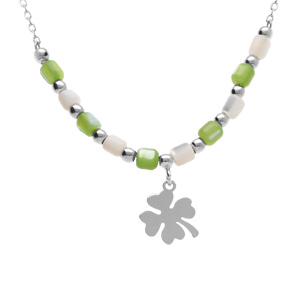 Collier argent rhodié pampille trèfle et perles nacre véritable blanche et teintée verte réglable 40 à 45cm