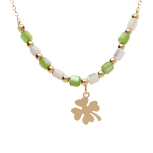 Collier argent doré pampille trèfle et perles nacre véritable blanche et teintée verte réglable 40 à 45cm