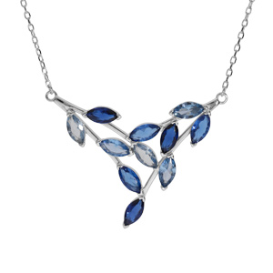 Collier en argent rhodié motif feuillage empierré avec oxydes bleus ciel et bleus foncé longueur 40+