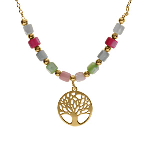 Collier argent doré arbre de vie et perles nacre véritable teintée réglable 40 à 45cm