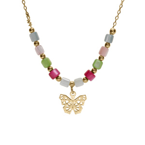 Collier argent doré papillon et perles nacre véritable teintée réglable 40 à 45cm