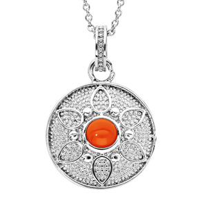 Collier en argent rhodié chaîne avec pendentif rond motif fleur pierre couleur corail 40+4cm
