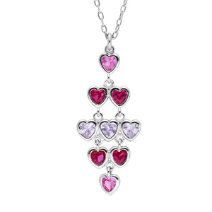 Collier en argent rhodié chaîne avec pendentif coeurs empierrés rose et blancs 42+3cm
