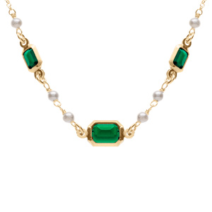 Collier argent doré 3 oxydes verts rectangulaires et perles blanches réglable 42 à 45cm