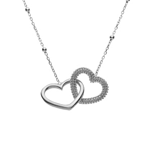 Collier argent rhodié chaîne boules 2 coeurs entrelacés 1 lisse et 1 perlé réglable 42 à 45cm