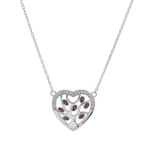 Collier en argent rhodié chaîne avec pendentif coeur avec arbre de vie pierres rouges et contour oxydes blancs sertis 40+5cm