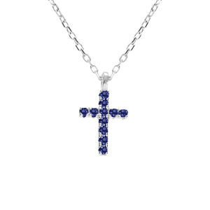 Collier argent rhodié pendentif croix oxydes bleu réglable 42 à 45cm