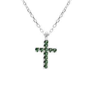 Collier argent rhodié pendentif croix oxydes vert réglable 42 à 45cm