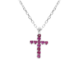 Collier argent rhodié pendentif croix oxydes fushia réglable 42 à 45cm