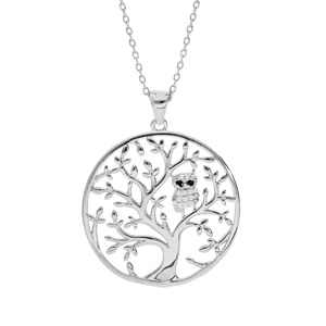 Collier en argent rhodié chaîne avec pendentif arbre de vie et chouette empierrée 40+5cm