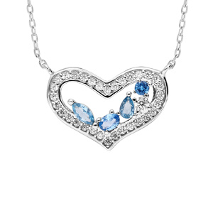 Collier en argent rhodié coeur empierré et navettes bleues contour oxydes blancs sertis 40+5cm