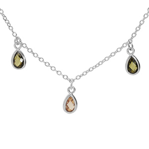 Collier en argent rhodié chaîne avec pampilles d’oxydes verts et orangé en forme de gouttes 40+5cm
