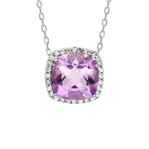 Collier en argent rhodié massif collection joaillerie chaîne avec pendentif carré Amethyste contour