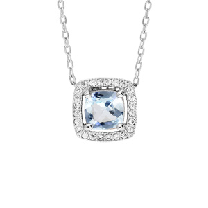 Collier en argent rhodié massif collection joaillerie chaîne avec pendentif carré Topaze bleue contour oxydes blancs sertis 40+5cm