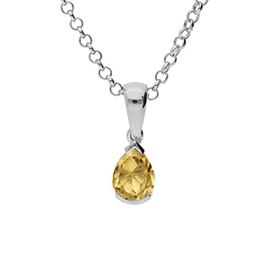 Collier en argent rhodié chaîne avec pendentif Citrine véritable en forme de poire 8x6mm longueur 40