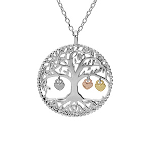 Collier en argent rhodié chaîne avec pendentif arbre de vie et pampilles 3 coeurs dorés (couple famille) 44cm réglable 42 et 40