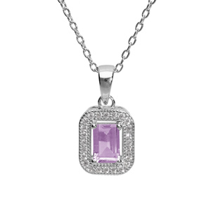 Collier en argent rhodié massif chaîne avec pendentif pierre carré Améthyste véritable contour oxydes blancs sertis 40+5cm