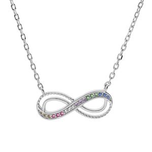 Collier en argent rhodié chaîne avec motif infini et oxydes multi couleurs sertis 44cm réglable 42 et 40cm