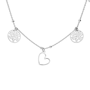 Collier en argent rhodié chaîne avec pampilles coeurs et arbre de vie 40+5cm