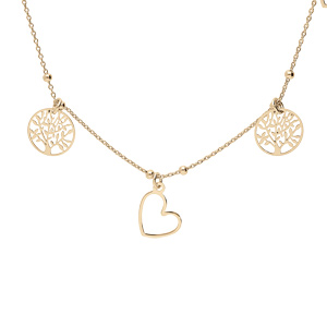 Collier en argent et dorure jaune pampilles coeurs et arbre de vie 40+5cm