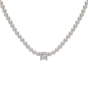 Collier en argent rhodié perles blanches de synthèse et 1 oxyde blanc serti 38+4cm