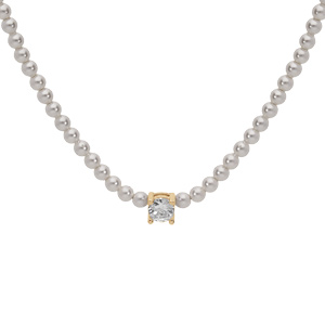 Collier en argent et dorure jaune perles blanches de synthèse et 1 oxyde blanc serti 38+4cm