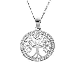 Collier en argent rhodié chaîne avec pendentif arbre de vie celtique 20mm contour oxydes blancs sertis 40+5cm