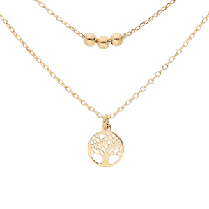Collier en argent et dorure jaune double chaîne avec pendentif arbre de vie et boules 40+5cm