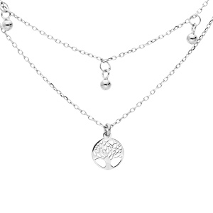 Collier en argent rhodié double chaîne avec pendentifs arbre de vie et 3 boules 40+5cm