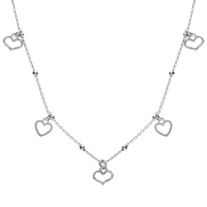 Collier argent rhodié pampilles coeurs lisses et givrés réglable 42 à 45cm
