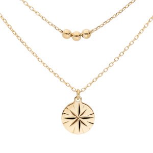 Collier en argent rhodié et dorure jaune double chaîne avec pendentif médaille avec soleil diamanté