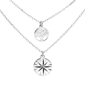 collier en argent rhodié double chaîne avec pendentif médaille avec soleil diamanté et arbre de vie 40+5cm