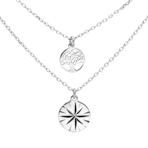 Collier en argent rhodié double chaîne avec pendentif médaille avec soleil diamanté et arbre de vie